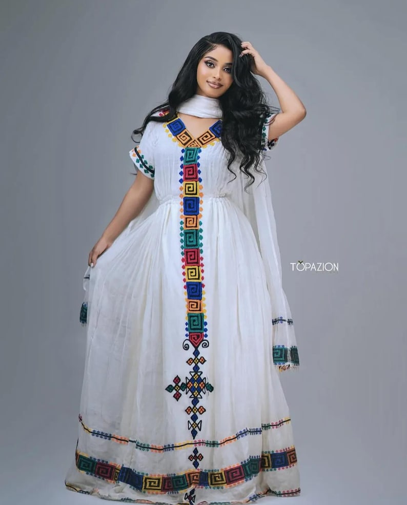 Simple White Qurban Habesha Dress for Women - Traditional Ethiopian Dress, Zuria Style Habesha Kemis main image 0