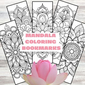 May include: Five black and white mandala bookmarks with the text "MANDALA COLORING BOOKMARKS".