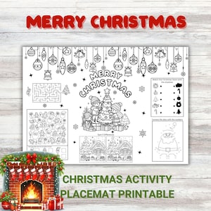 May include: A black and white printable Christmas activity placemat featuring a maze, a 'spot the difference' game, a connect-the-dots activity, and a 'match the shadows' game. The placemat has the text 'Merry Christmas' at the top.