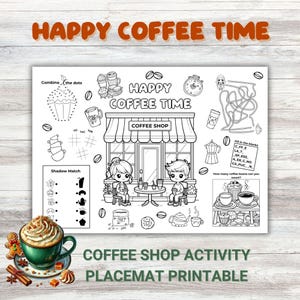 Jogo americano para atividades de cafeteria para imprimir, colorir para crianças, perfeito para aprendizado lúdico e entretenimento em cafeterias em casa ou na sala de aula