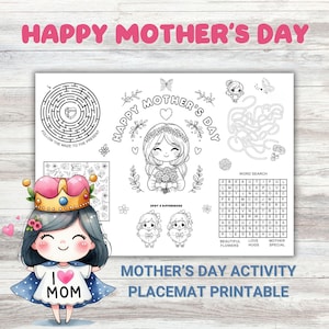 Può includere: Un sottopiatto per attività della Festa della Mamma stampabile con un labirinto, una ricerca di parole, un gioco di trova le differenze e pagine da colorare. Il sottopiatto ha uno schema di colori rosa e blu e include il testo "Buon giorno della mamma" e "Ti amo mamma".