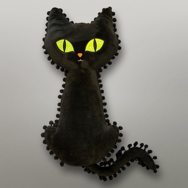 18" Black Cat Plush Pillow with black pompom trim. Halloween Home Decor. Free Shipping! Halloween Spooky Cat Decoration