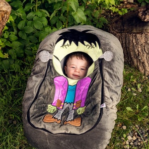 Fotelik samochodowy Cutes Frankenstein. Pluszowy pokrowiec na fotelik samochodowy dla niemowląt. Prezent dla noworodka! Darmowa wysyłka! Prezent na baby shower. Kostium niemowlęcia