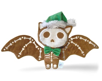 9" GingerDEAD-knuffel skelet vleermuis. Halloween/kerst/ Creepmas-knuffel. Griezelige kerstknuffel.