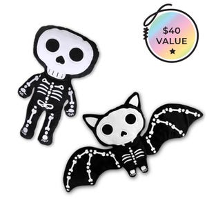Skeleton Best Friends Set. Plush Skeleton & Skeleton Bat Set. Halloween Horror Spooky Home decoration. Occult Geek Gift! Halloween gifts!