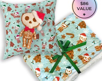 GingerDead Holiday Gift Set.  Spooky Christmas. Gingerdead Print Throw, Pillow & GingerDead Man Plush. Creepmas Spookmas Home Decor