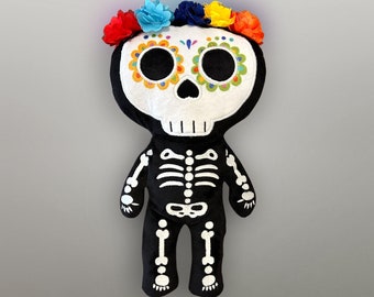 12" Day of the Dead Sugar Skull Skeleton Plushie. Halloween / Dia De Los Muertos/ Day of the dead/ Sugar skull plush doll. STYLE#2-rainbow