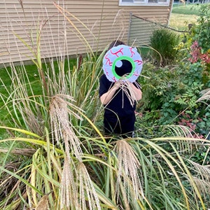 May include: A person is holding a white paper eye prop with a green iris and red blood vessels. The eye is in front of a person's face, and the person is standing in a grassy area.