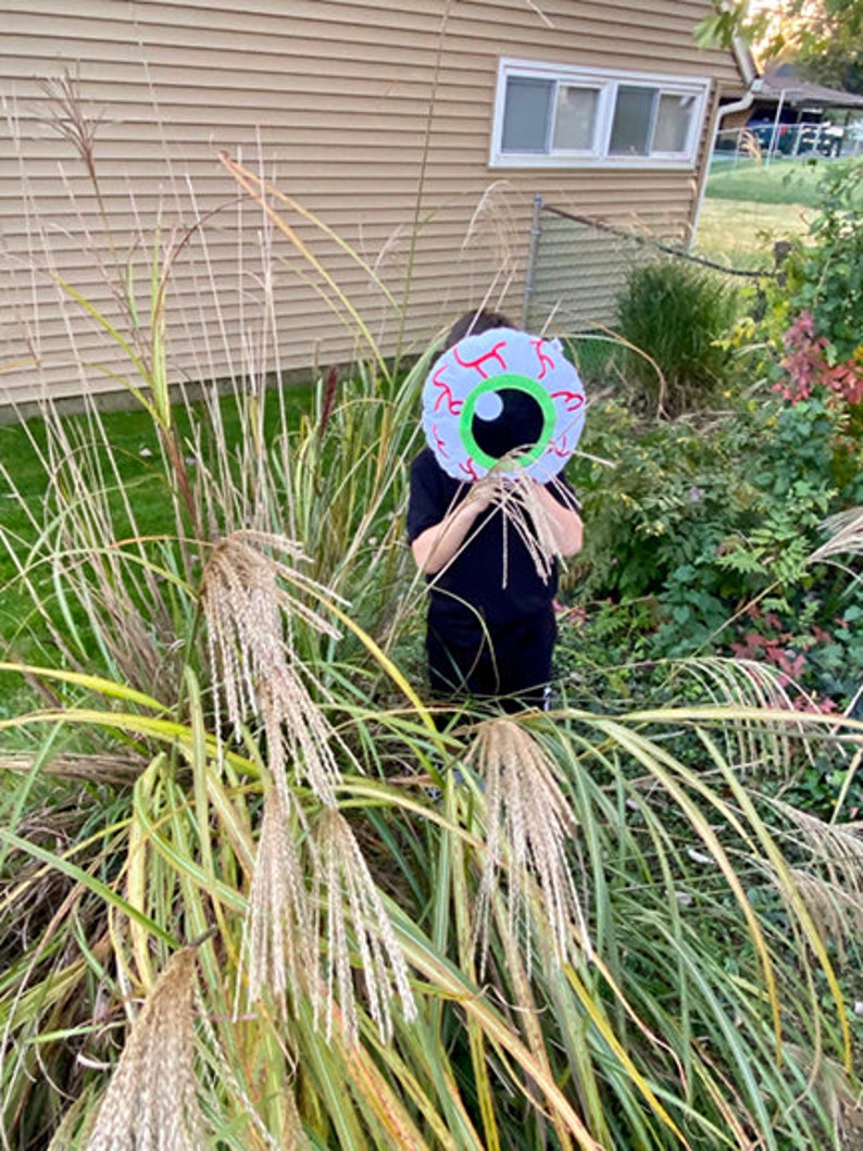 May include: A person is holding a white paper eye prop with a green iris and red blood vessels. The eye is in front of a person's face, and the person is standing in a grassy area.