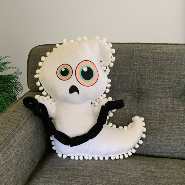 18" Ghost Plush Pillow with white pompom trim. Halloween Home Decor. Free Shipping! Halloween Spooky Ghost Decoration