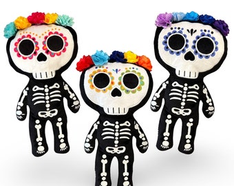 12" Day of the Dead Sugar Skull Skeleton Plushie. Halloween / Dia De Los Muertos home decor. Goth-Day of the dead-Sugar skull plush doll.