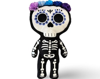 12" Day of the Dead Sugar Skull Skeleton Plushie. Halloween / Dia De Los Muertos/ Day of the dead/ Sugar skull plush doll. STYLE#3