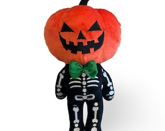 12&quot; Pumpkin Head Skeleton Plushie. Halloween spooky cute goth skull plush doll. Halloween home decor. Halloween plush gift. Free shipping!