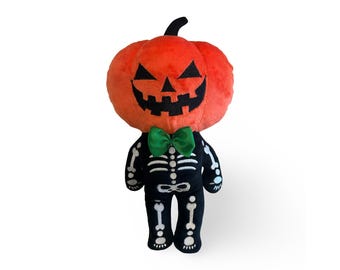 Pumpkin Head Skeleton Plush, Jack o Lantern Skeleton Toy, Spooky Halloween Plushie, Gothic Stuffed Animal, Creepy Doll Gift