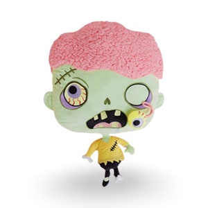 May include: A green plush zombie with pink hair, a yellow shirt, and one eye hanging out. The zombie has stitches on its face and a stitched-up shirt.