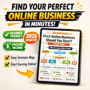 May include: An advertisement promoting online business opportunities. The image features a tablet displaying a flowchart titled "Which Online Business Should You Start?" with options like dropshipping and Etsy shops. Text includes "Find Your Perfect Online Business in Minutes!"