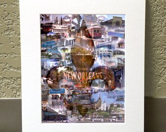May include: A colourful collage of images depicting various landmarks and attractions in New Orleans, Louisiana. The collage is shaped like a fleur-de-lis, the official symbol of the city. The text "Welcome to New Orleans" is prominently displayed in the centre of the collage.