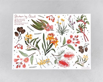 May include: A sheet of stickers featuring watercolor illustrations of Australian flora. The designs include various flowers, leaves, and seed pods in shades of red, yellow, orange, and green. The text "Stickers by Claud" and "Australian Flora" is visible.