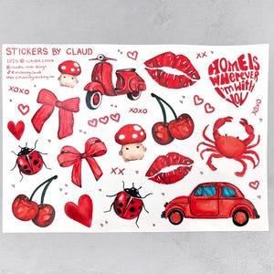 Sticker Sheet &#39;Red Romance&#39; | journal stickers, calendar, planner stickers, food stickers, red stickers, red, illustration, handmade