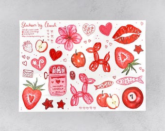 Sticker Sheet 'Strawberry Kisses' | journal stickers, calendar, planner stickers, journal stickers, scrapbook, illustration, handmade, red