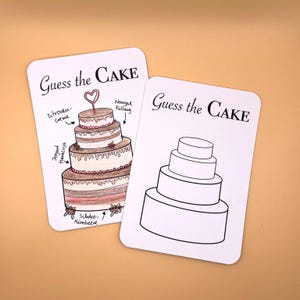 Guess the Cake Karte A6 zum bemalen - Polterabend JGA Hochzeit, Beschäftigung, Unterhaltung für Gäste, Partyspiele