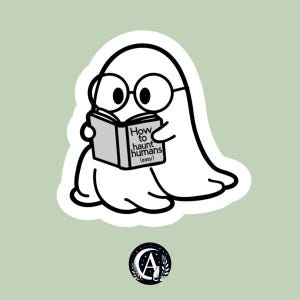 Könnte beinhalten: Ein weißer Cartoon-Geist mit Brille liest ein Buch mit dem Titel "How to haunt humans (easy)". Der Aufkleber hat einen weißen Rand und befindet sich auf einem hellgrünen Hintergrund. Unten befindet sich ein kreisförmiges Logo.