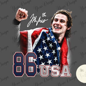 May include: Image features a smiling person draped in an American flag. The text "86 USA" is displayed in a bold, collegiate font. The person's signature is above the text. The background is a gradient gray.