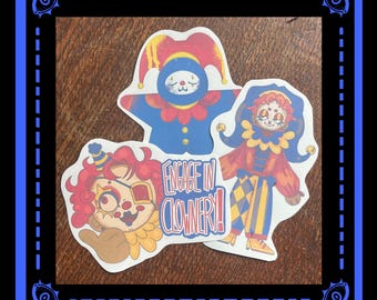 May include: Three colorful clown stickers with unique designs. One sticker features a clown with an eye patch and a thumbs-up. Another shows a clown in a blue outfit. The third sticker has the text "Engage in Clownery!"