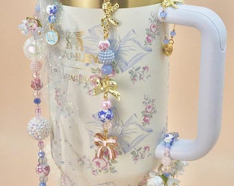 Stanley Quencher Accessory Set, Blue LoveShackFancy Holiday Design, Custom Initial Charm