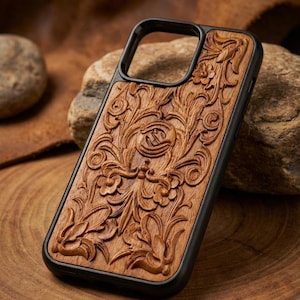 Puede incluir: Funda de teléfono de madera con un tallado floral detallado. La funda tiene un borde negro y un acabado de madera natural. El diseño tallado presenta flores y patrones arremolinados.