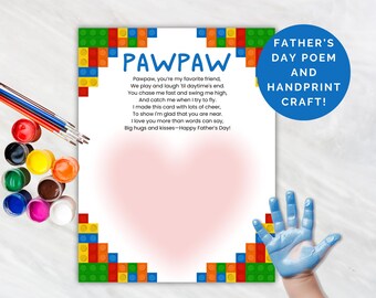 Puede incluir: Una tarjeta del Día del Padre con un poema y una huella de mano. La tarjeta blanca presenta la palabra "PAWPAW" en azul, rodeada de diseños de bloques de construcción coloridos. Una huella de mano azul es visible, junto con pinceles y pintura.