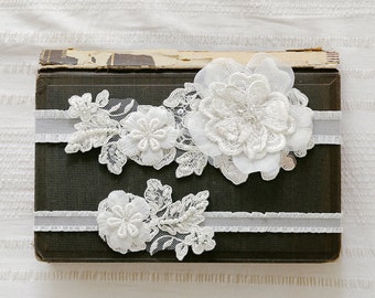 Ivory lace wedding garter set, keepsake garter, tossing garter, bridal lace garter set - style 408 set