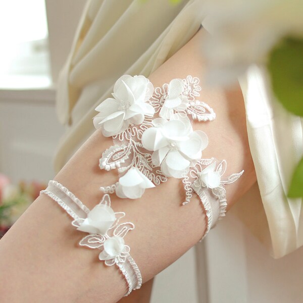 White wedding garter set, bridal garter belt with chiffon flowers - style #404