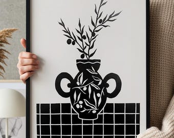 Unique olive linocut print, natural environment wall decoration, botanical original print, handprinted original lino print