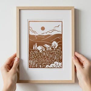 Original handmade linocut print, natural environment handmade linocut, nature inspired village print, unique wall decoration