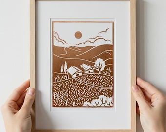 Original handmade linocut print, natural environment handmade linocut, nature inspired village print, unique wall decoration