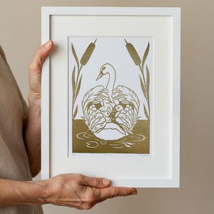 Mother Swan Handmade Linocut Print, Limited Edition, Linocut Poster, Unique Gift Wall Art Prints