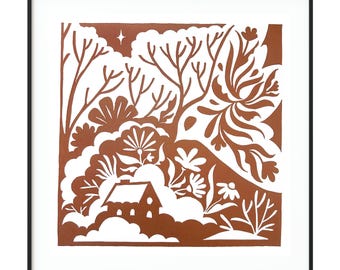 Nature inspired original lino print, botanical linocut, natural environment handmade linocut, original wall decoration