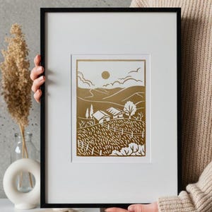 Village Handmade Linocut Print, Limited Edition, Nature Linocut Poster, Unique Gift Wall Art Prints