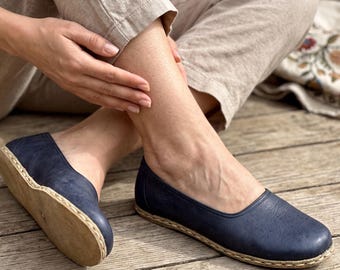 Erdungs Damen Lederschuhe: Barfuß-Erdungsschuhe - Marineblau