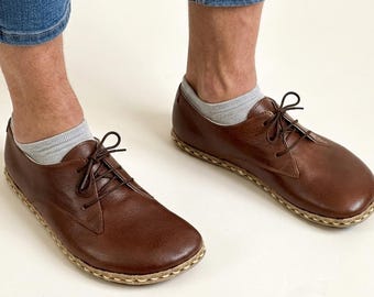 Zapatillas descalzas de cuero marrón para hombre: Zapatos hechos a mano con caída cero - Marrón clásico