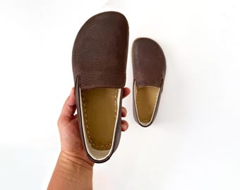 Bitter Brown Leather Moccasin Barefoot Shoes - Women Grounding Copper Insole Shoes