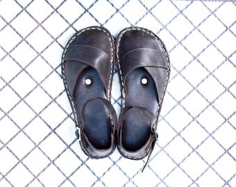 Women Leather Barefoot Sandals: Minimalist Copper Rivet Flats - Bitter Brown