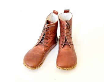 Botas de tierra de cuero hechas a mano para mujer: Suela de cobre, zapatos de conexión a tierra - Marrón clásico