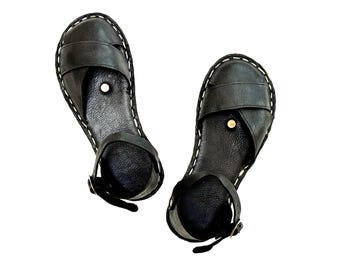 Womens Barefoot Leather Sandals: Grounding Minimalist Copper Rivet Flats - Black