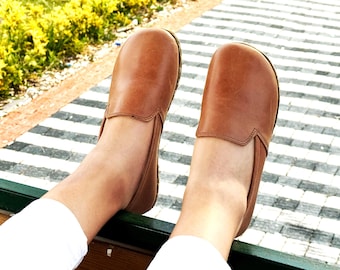 Women's Leather Barefoot Slip-On Shoes: Handmade Zero Drop Oxfords - MATTE BROWN