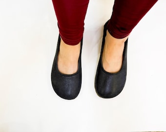 Zapatos descalzos de cuero con conexión a tierra: Zapatos de conexión a tierra para mujer con cobre - Negro