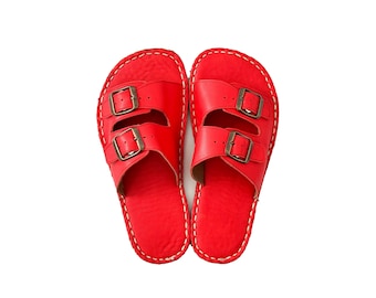 Sandalias descalzas de cuero rojo para mujer: Zapatillas Grounding con remaches de cobre