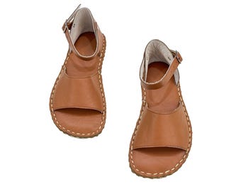 Womens Barefoot Leather Sandals: Grounding Earthing Sandals with Copper Rivet - Matte Brown