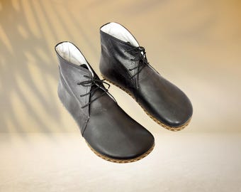Barefoot Leather Ankle Womens Boots: Grounding Shoes, Copper Rivet Detail -Black